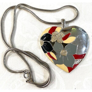 Vintage large colorful Silver heart pendant with 30" chain